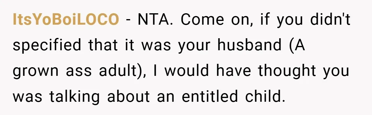 ItsYoBoiLOCO − NTA. Come on, if you didn't specified that it was your husband (A grown ass adult), I would have thought you was talking about an entitled child.