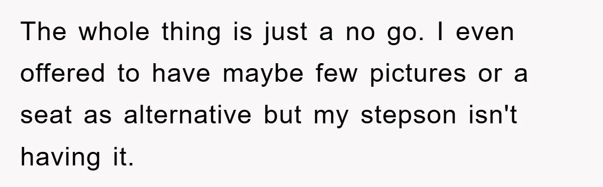 The whole thing is just a no go. I even offered to have maybe few pictures or a seat as alternative but my stepson isn't having it.