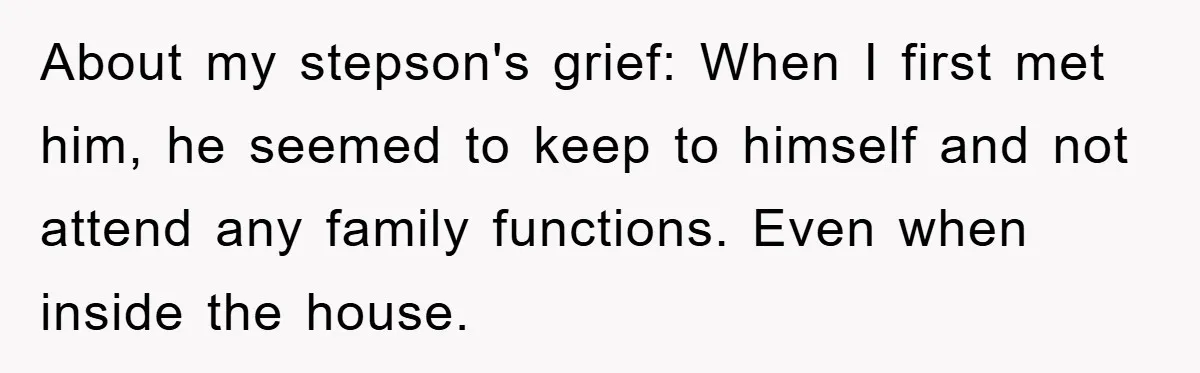 About my stepson's grief: When I first met him, he seemed to keep to himself and not attend any family functions. Even when inside the house.