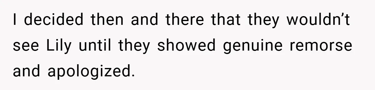 I decided then and there that they wouldn’t see Lily until they showed genuine remorse and apologized.