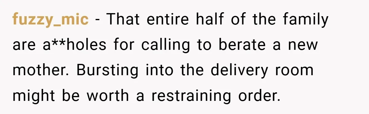 fuzzy_mic − That entire half of the family are a**holes for calling to berate a new mother. Bursting into the delivery room might be worth a restraining order.
