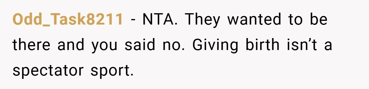 Odd_Task8211 − NTA. They wanted to be there and you said no. Giving birth isn’t a spectator sport.