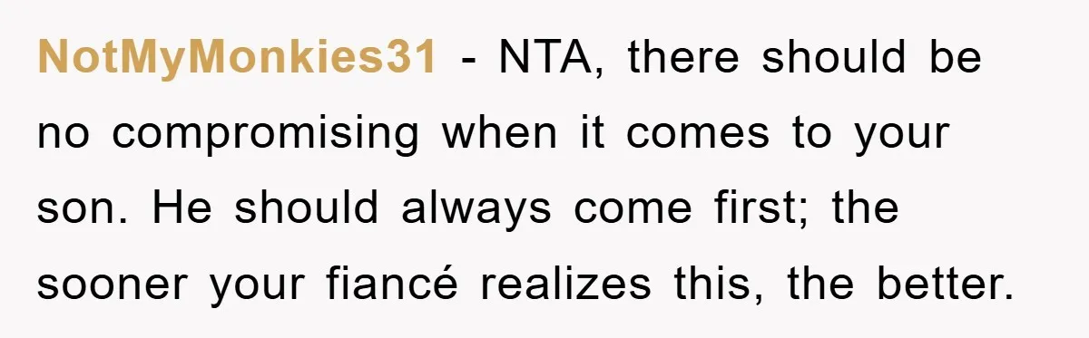 NotMyMonkies31 − NTA, there should be no compromising when it comes to your son. He should always come first; the sooner your fiancé realizes this, the better.