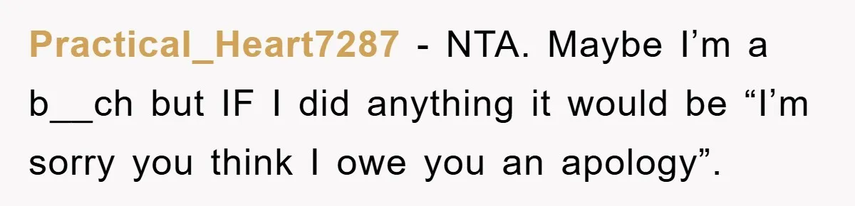 Practical_Heart7287 − NTA. Maybe I’m a b__ch but IF I did anything it would be “I’m sorry you think I owe you an apology”.