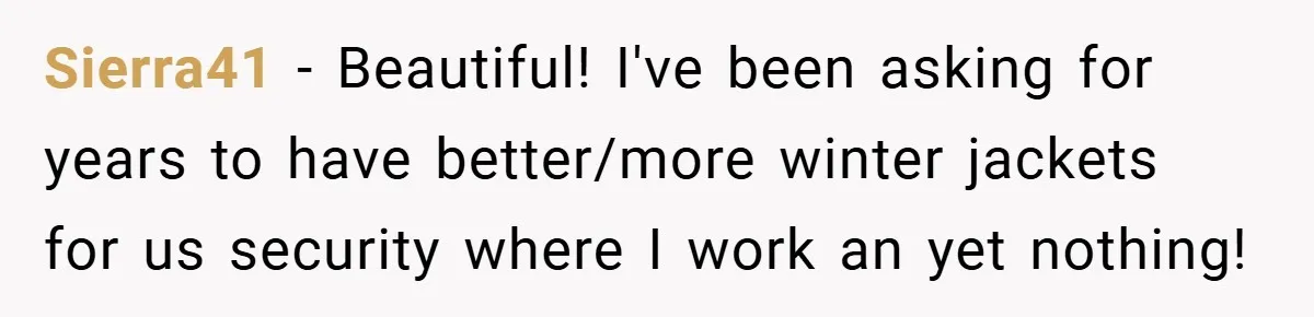 HR Boss Enforced Harsh Rules On Everyone, Until They Applied To Her Sierra41 − Beautiful! I've been asking for years to have better/more winter jackets for us security where I work an yet nothing!