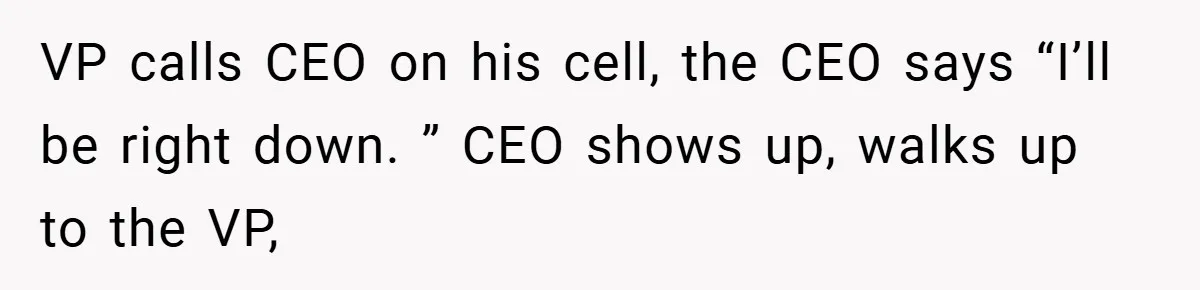 HR Boss Enforced Harsh Rules On Everyone, Until They Applied To Her VP calls CEO on his cell, the CEO says “I’ll be right down. ” CEO shows up, walks up to the VP,