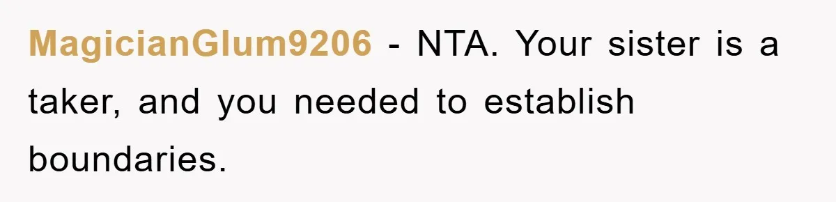 MagicianGlum9206 − NTA. Your sister is a taker, and you needed to establish boundaries.