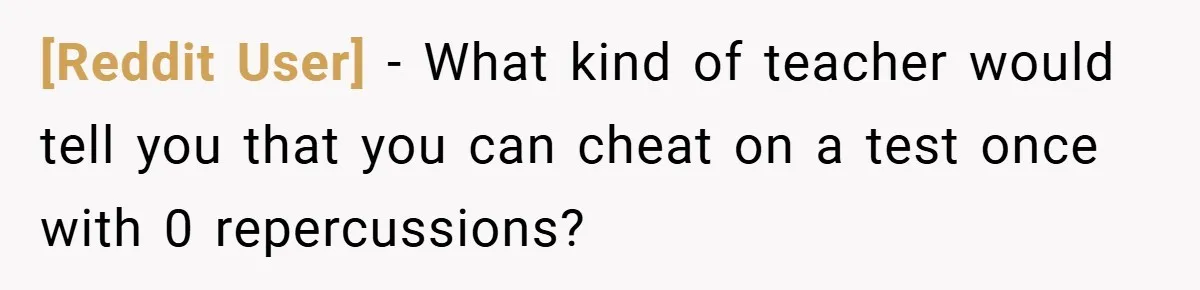 [Reddit User] − What kind of teacher would tell you that you can cheat on a test once with 0 repercussions?