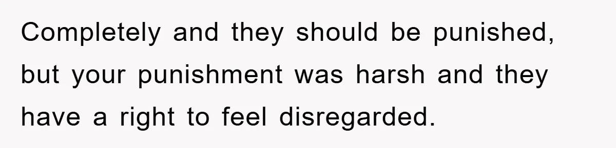 Completely and they should be punished, but your punishment was harsh and they have a right to feel disregarded.