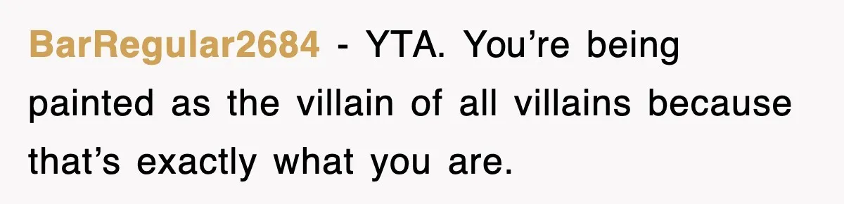 BarRegular2684 − YTA. You’re being painted as the villain of all villains because that’s exactly what you are.