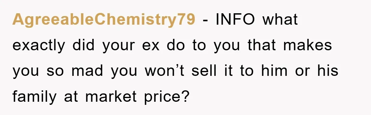 AgreeableChemistry79 - INFO what exactly did your ex do to you that makes you so mad you won’t sell it to him or his family at market price?