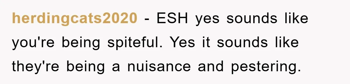 herdingcats2020 - ESH yes sounds like you're being spiteful. Yes it sounds like they're being a nuisance and pestering.