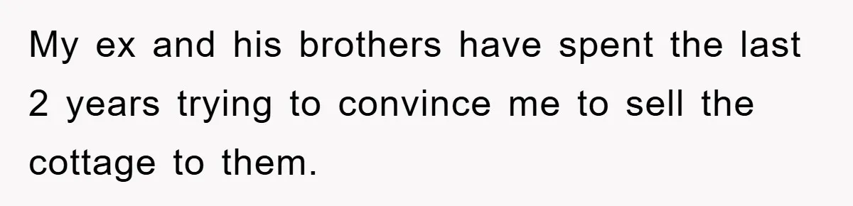 My ex and his brothers have spent the last 2 years trying to convince me to sell the cottage to them.