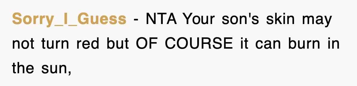 Sorry_I_Guess − NTA Your son's skin may not turn red but OF COURSE it can burn in the sun,