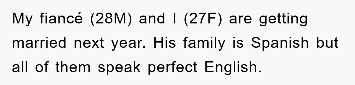 Woman Doesn't Speak Spanish, Gets Ignored and Insulted By Fiancé's Entire Family My fiancé (28M) and I (27F) are getting married next year. His family is Spanish but all of them speak perfect English.