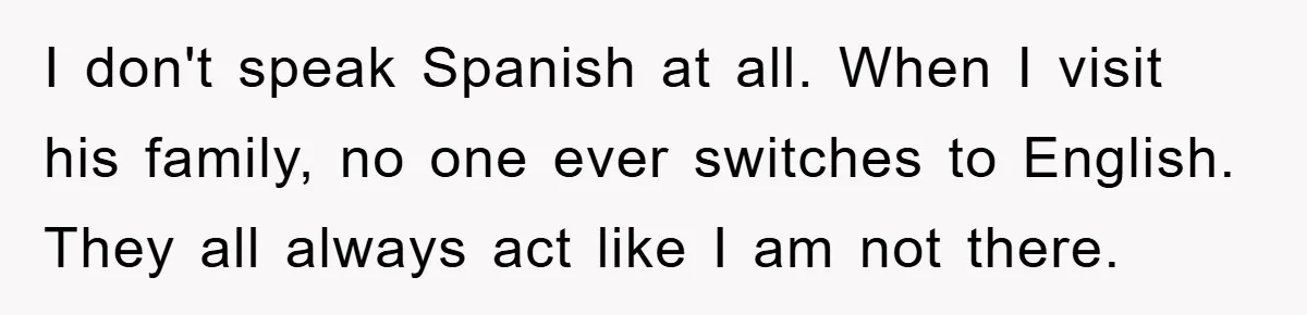 Woman Doesn't Speak Spanish, Gets Ignored and Insulted By Fiancé's Entire Family I don't speak Spanish at all. When I visit his family, no one ever switches to English. They all always act like I am not there.