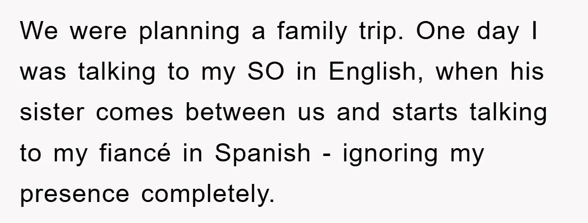 Woman Doesn't Speak Spanish, Gets Ignored and Insulted By Fiancé's Entire Family We were planning a family trip. One day I was talking to my SO in English, when his sister comes between us and starts talking to my fiancé in Spanish...