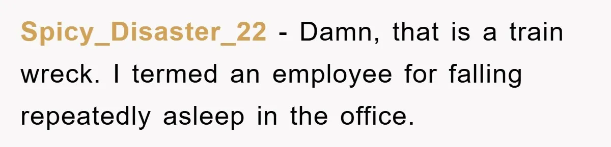 Man's Dream Job Almost Ruined by Vengeful Employee's Lies Spicy_Disaster_22 - Damn, that is a train wreck. I termed an employee for falling repeatedly asleep in the office.