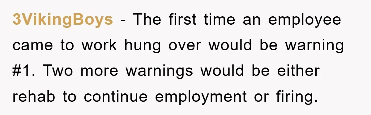 Man's Dream Job Almost Ruined by Vengeful Employee's Lies 3VikingBoys - The first time an employee came to work hung over would be warning #1. Two more warnings would be either rehab to continue employment or firing.