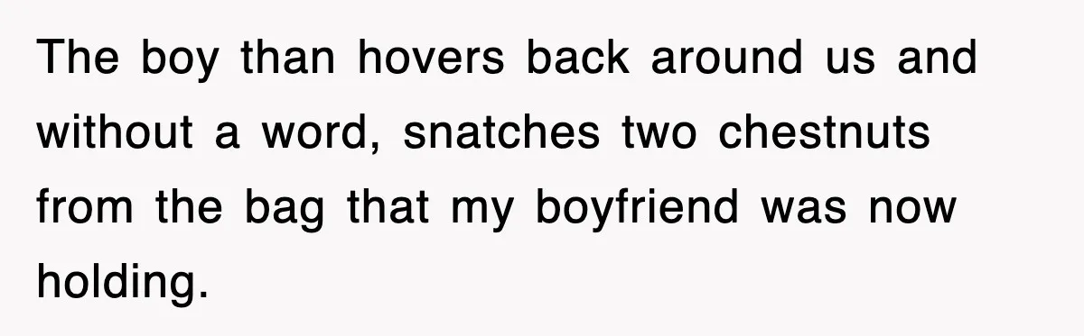 The boy than hovers back around us and without a word, snatches two chestnuts from the bag that my boyfriend was now holding.