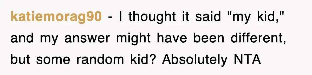 katiemorag90 − I thought it said "my kid," and my answer might have been different, but some random kid? Absolutely NTA