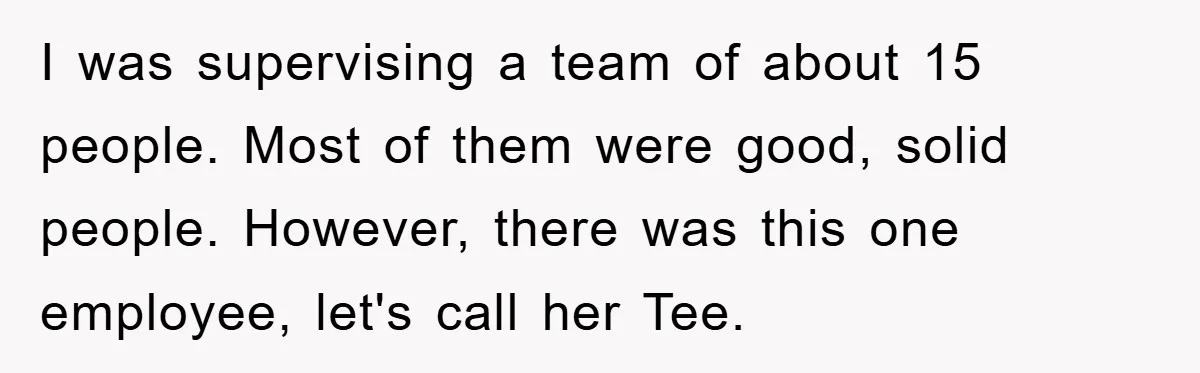 Man's Dream Job Almost Ruined by Vengeful Employee's Lies I was supervising a team of about 15 people. Most of them were good, solid people. However, there was this one employee, let's call her Tee.