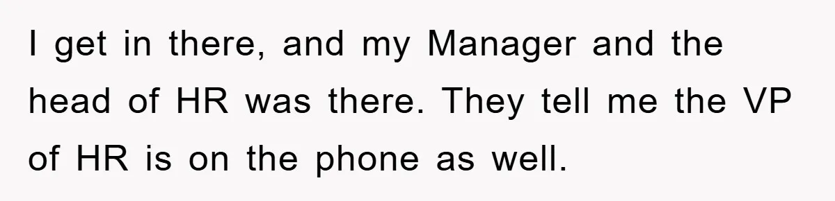 Man's Dream Job Almost Ruined by Vengeful Employee's Lies I get in there, and my Manager and the head of HR was there. They tell me the VP of HR is on the phone as well.