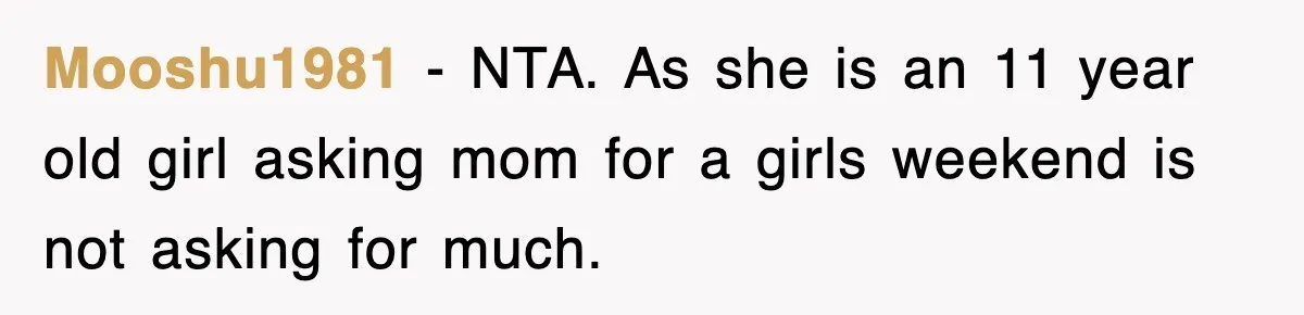 Mooshu1981 − NTA. As she is an 11 year old girl asking mom for a girls weekend is not asking for much.