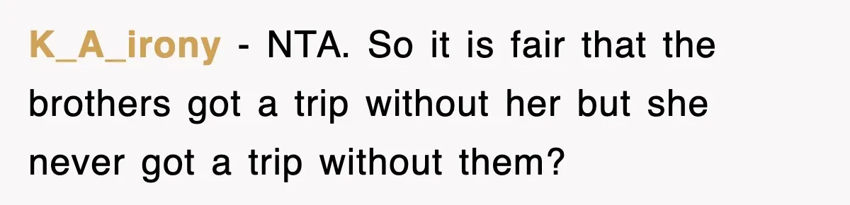 K_A_irony − NTA. So it is fair that the brothers got a trip without her but she never got a trip without them?
