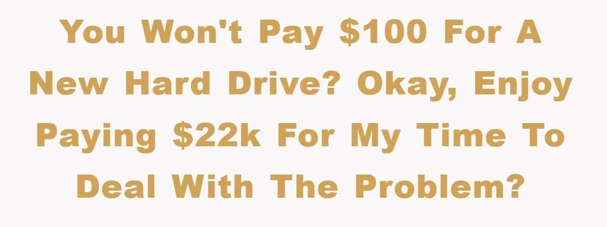 You won't pay $100 for a new hard drive? Okay, enjoy paying $22k for my time to deal with the problem?