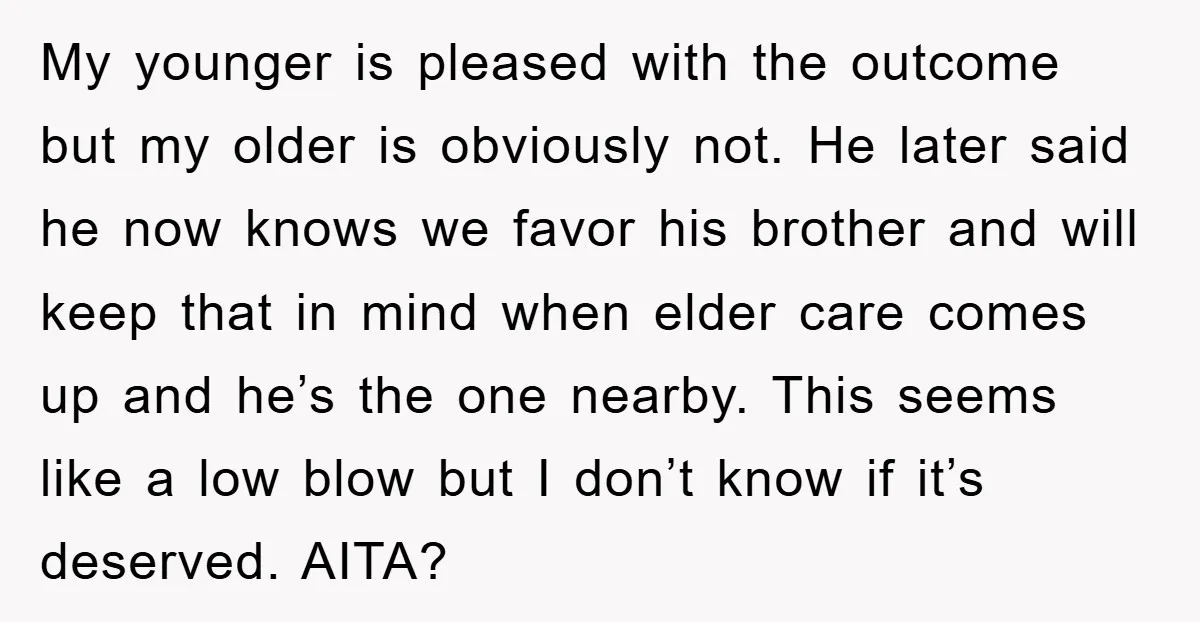 My younger is pleased with the outcome but my older is obviously not. He later said he now knows we favor his brother and will keep that in mind when...