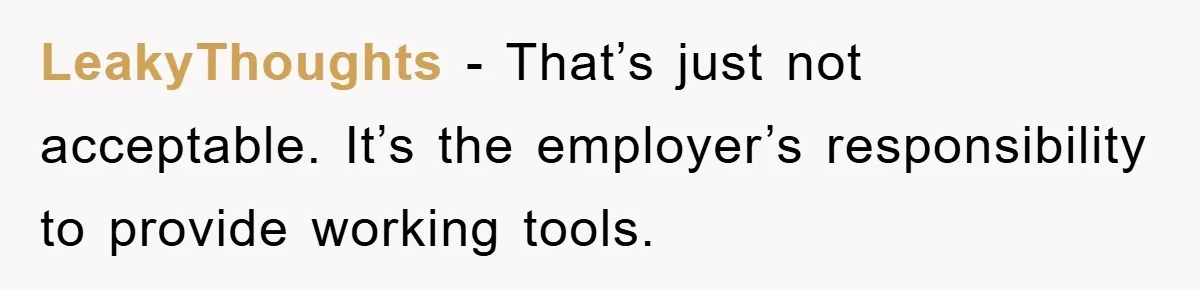 LeakyThoughts − That’s just not acceptable. It’s the employer’s responsibility to provide working tools.