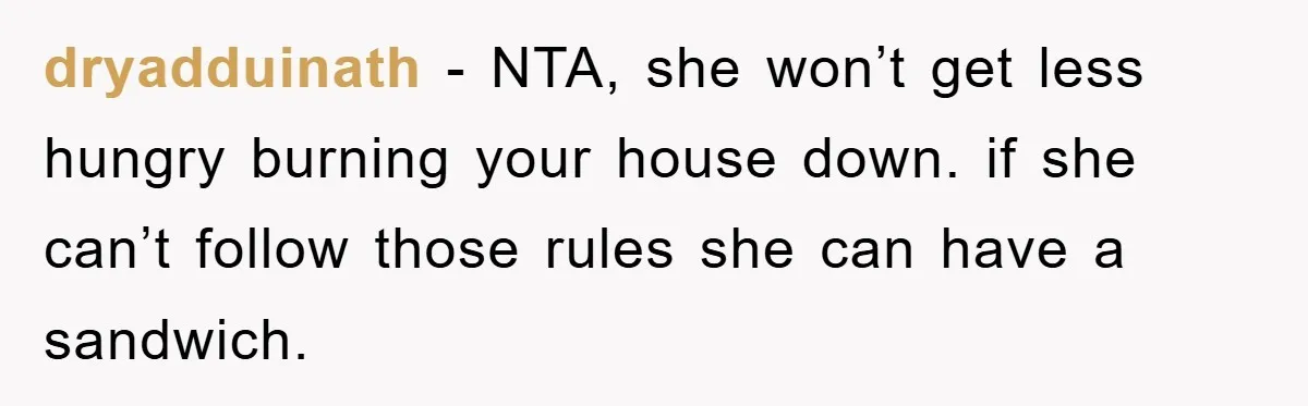 dryadduinath - NTA, she won’t get less hungry burning your house down. if she can’t follow those rules she can have a sandwich.