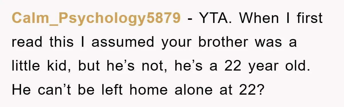 Calm_Psychology5879 - YTA. When I first read this I assumed your brother was a little kid, but he’s not, he’s a 22 year old. He can’t be left home alone...