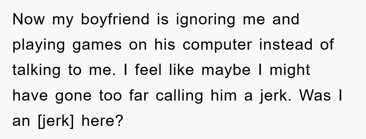 Now my boyfriend is ignoring me and playing games on his computer instead of talking to me. I feel like maybe I might have gone too far calling him a...