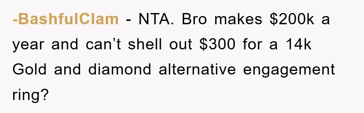 -BashfulClam - NTA. Bro makes $200k a year and can’t shell out $300 for a 14k Gold and diamond alternative engagement ring?