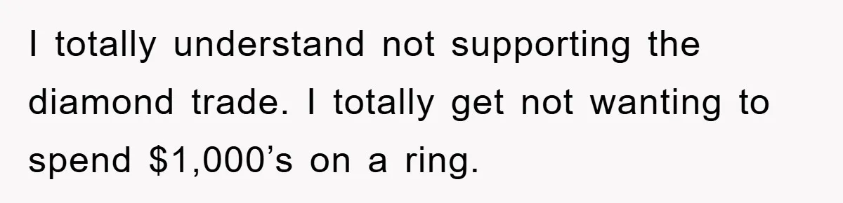 I totally understand not supporting the diamond trade. I totally get not wanting to spend $1,000’s on a ring.