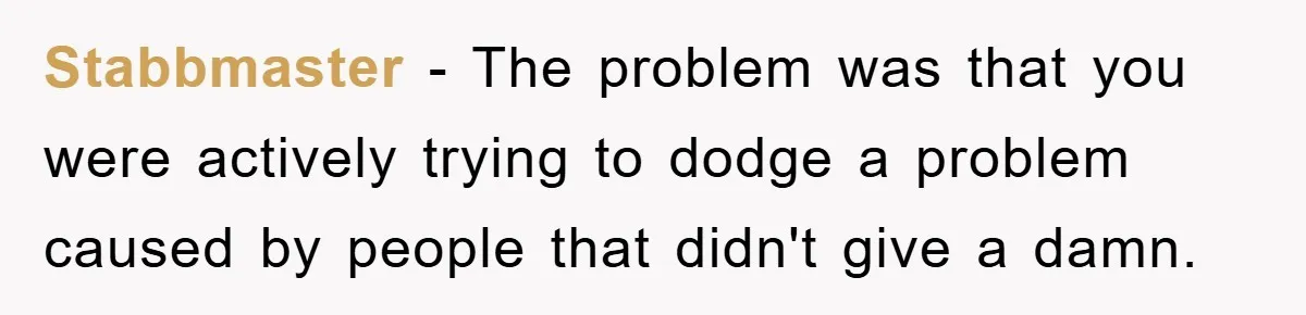 Stabbmaster − The problem was that you were actively trying to dodge a problem caused by people that didn't give a damn.