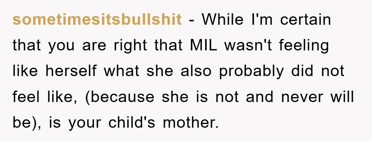 sometimesitsbullshit - While I'm certain that you are right that MIL wasn't feeling like herself what she also probably did not feel like, (because she is not and never will...