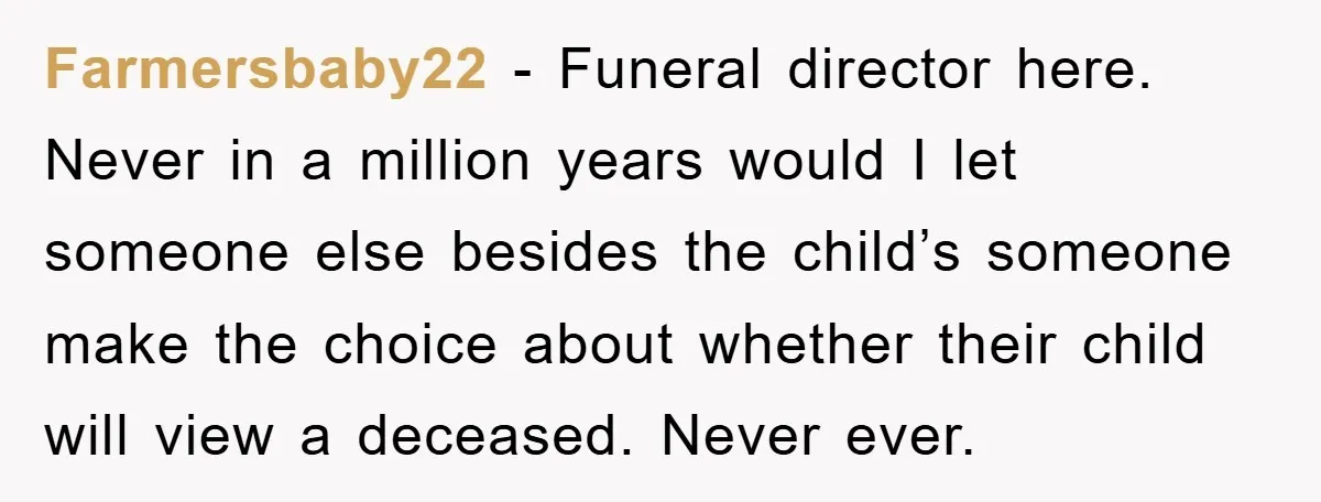 Farmersbaby22 - Funeral director here. Never in a million years would I let someone else besides the child’s someone make the choice about whether their child will view a deceased....