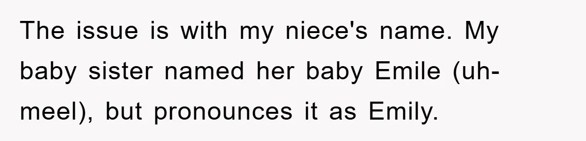 The issue is with my niece's name. My baby sister named her baby Emile (uh-meel), but pronounces it as Emily.