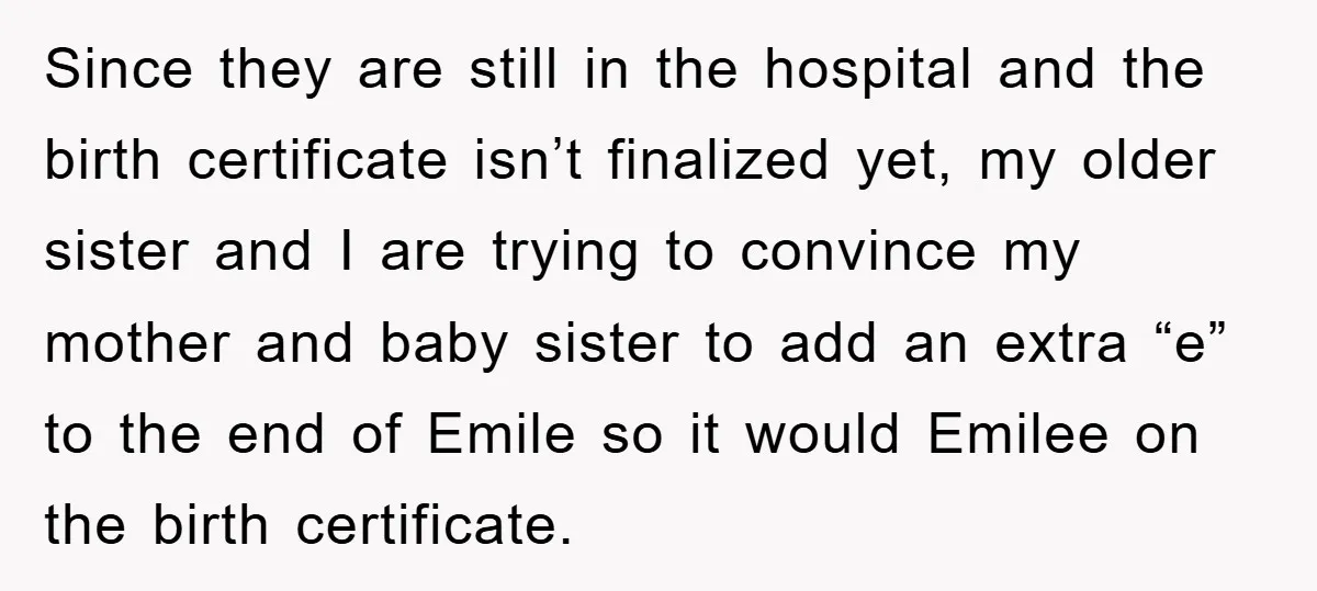 Since they are still in the hospital and the birth certificate isn’t finalized yet, my older sister and I are trying to convince my mother and baby sister to add...