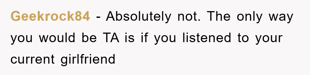 Geekrock84 − Absolutely not. The only way you would be TA is if you listened to your current girlfriend