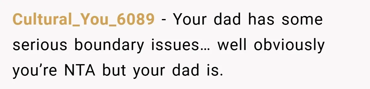 Cultural_You_6089 − Your dad has some serious boundary issues… well obviously you’re NTA but your dad is.