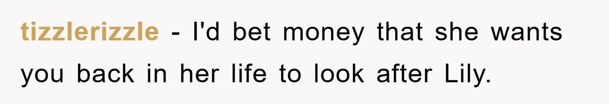 tizzlerizzle − I'd bet money that she wants you back in her life to look after Lily.