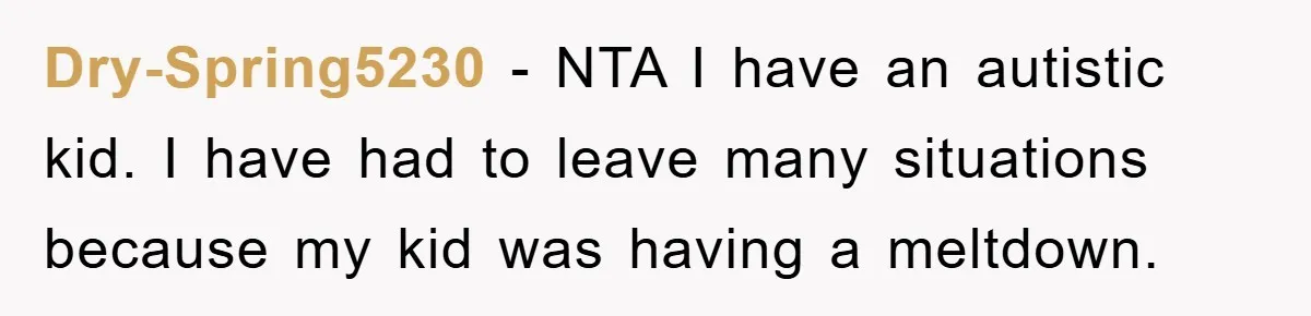 Dry-Spring5230 − NTA I have an autistic kid. I have had to leave many situations because my kid was having a meltdown.