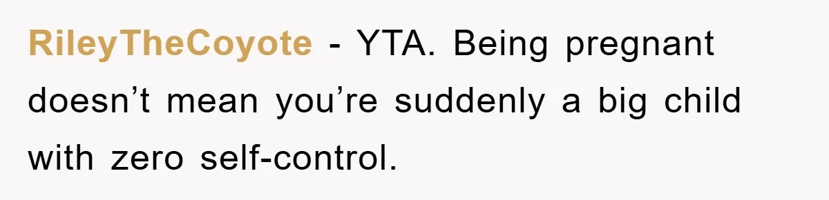 RileyTheCoyote − YTA. Being pregnant doesn’t mean you’re suddenly a big child with zero self-control.