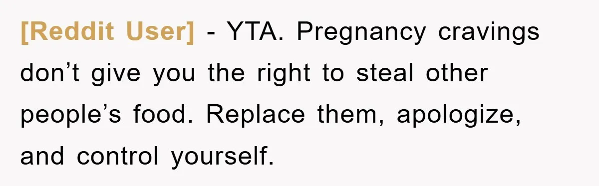 [Reddit User] − YTA. Pregnancy cravings don’t give you the right to steal other people’s food. Replace them, apologize, and control yourself.