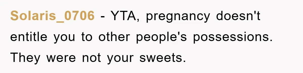 Solaris_0706 − YTA, pregnancy doesn't entitle you to other people's possessions. They were not your sweets.