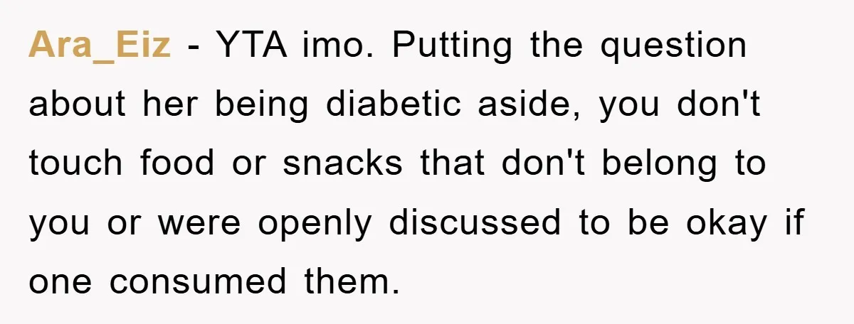 Ara_Eiz − YTA imo. Putting the question about her being diabetic aside, you don't touch food or snacks that don't belong to you or were openly discussed to be okay...